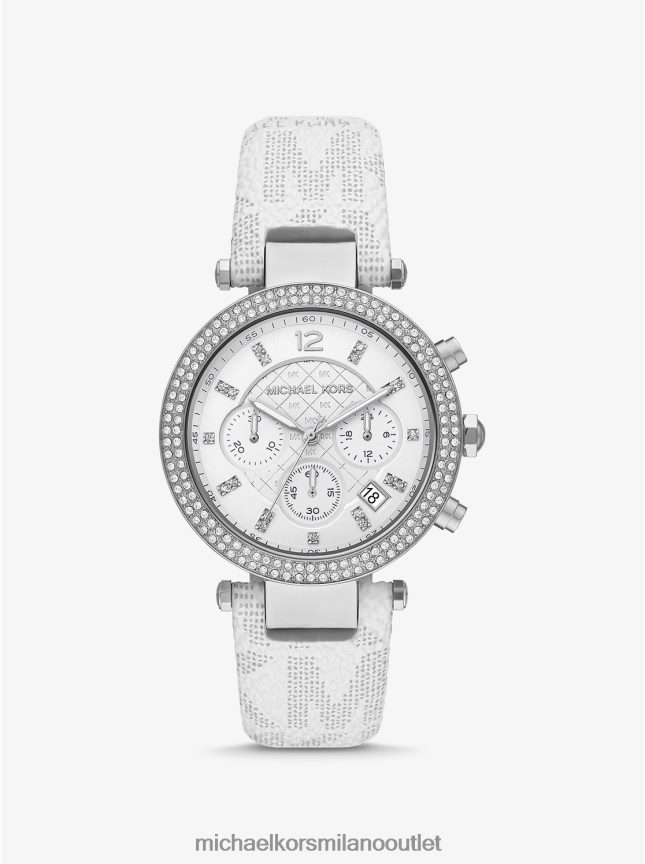 Michael Kors Orologio Parker oversize con pavé color argento e logo unisex bianco P06L0L4012 Accessori