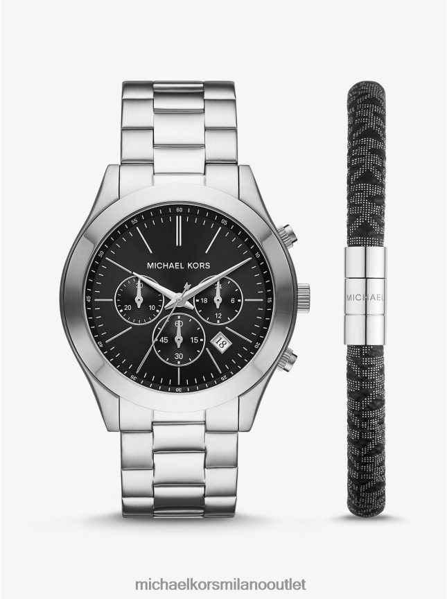 Michael Kors set oversize con orologio sottile da sfilata color argento e bracciale con logo unisex argento P06L0L3996 Accessori