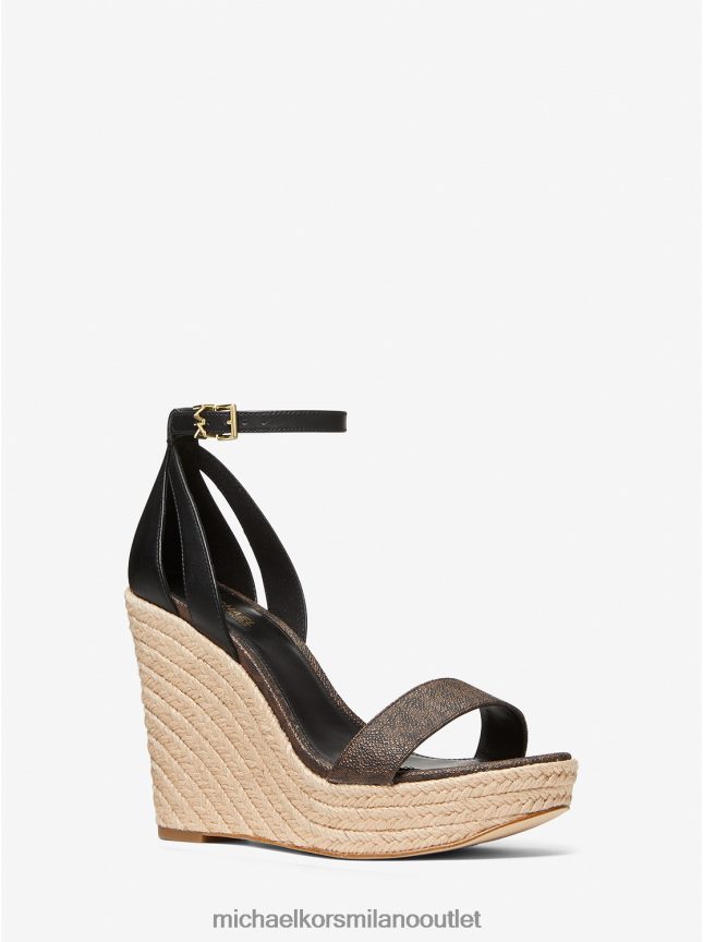 Michael Kors logo Kimberly e sandalo con zeppa in pelle donne nero/marrone P06L0L1908 scarpe