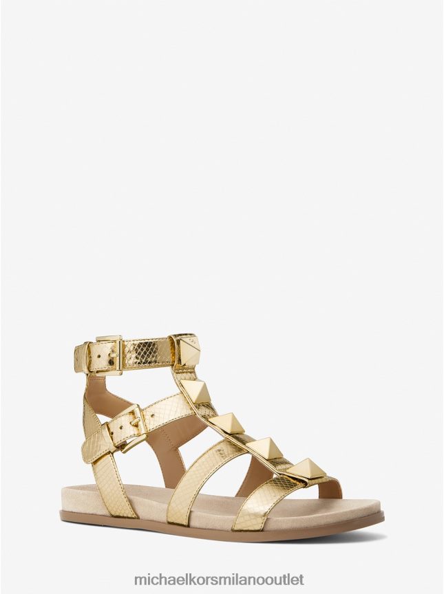 Michael Kors sandalo in pelle goffrata serpente metallizzato con borchie di scricciolo donne oro pallido P06L0L2061 scarpe