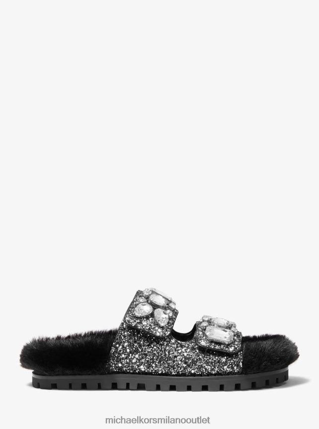 Michael Kors sandalo scorrevole con decorazioni in glitter e pelliccia sintetica donne argento nero P06L0L1972 scarpe
