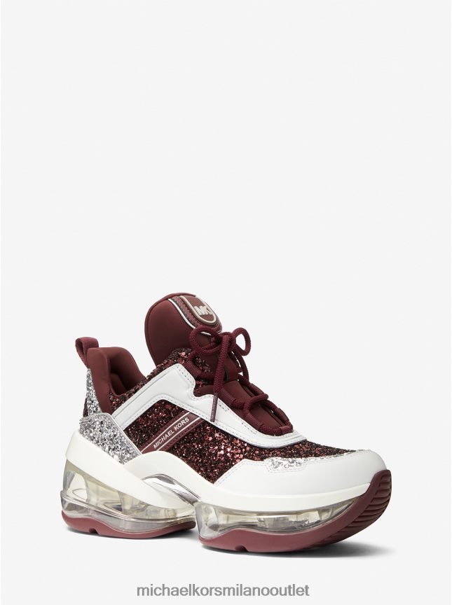 Michael Kors Olympia Extreme Glitter e scarpe da ginnastica in pelle donne merlot P06L0L1734 scarpe