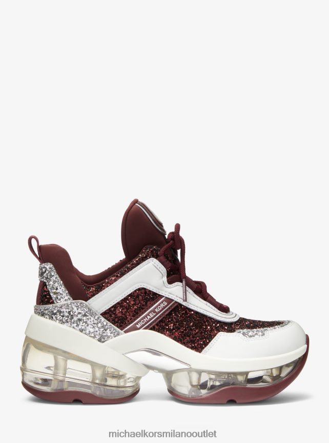 Michael Kors Olympia Extreme Glitter e scarpe da ginnastica in pelle donne merlot P06L0L1734 scarpe