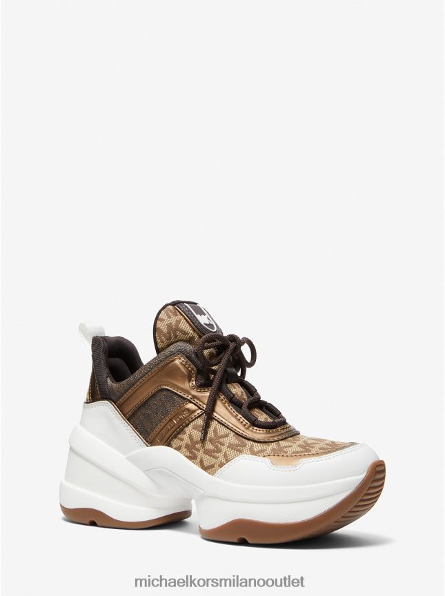 Michael Kors scarpa da ginnastica in jacquard con logo olimpia e pelle metallizzata donne beige/ebano/marrone P06L0L1773 scarpe