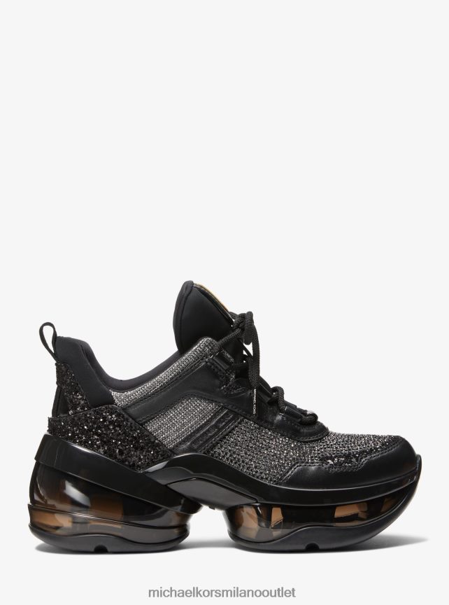 Michael Kors scarpe da ginnastica olympia extreme in pelle decorata e maglia a catena glitterata donne nero P06L0L1750 scarpe