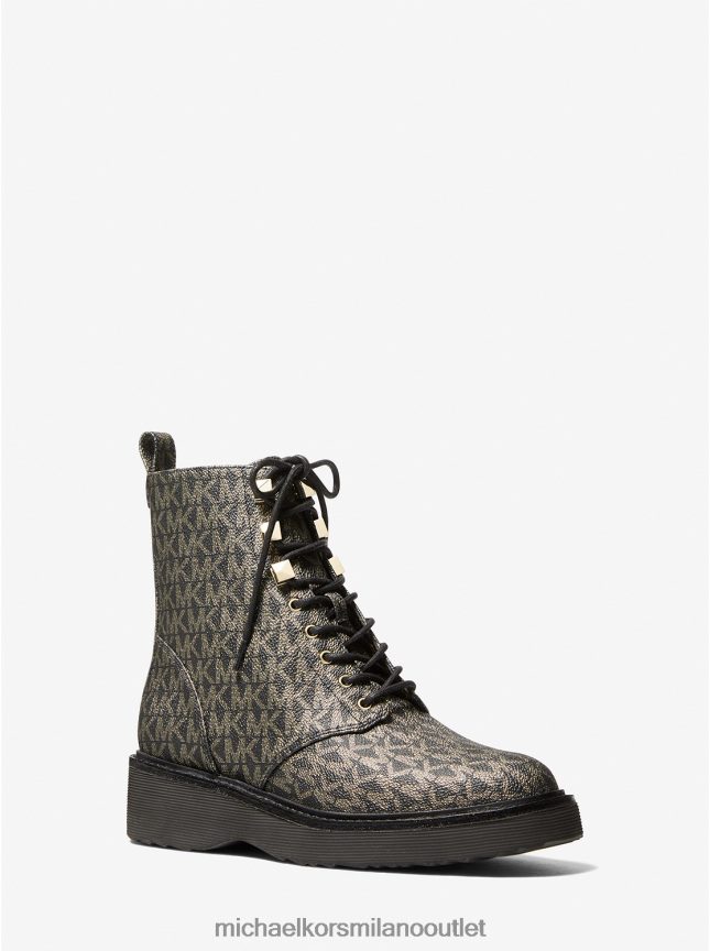 Michael Kors stivale da combattimento Haskell con logo metallico donne oro nero P06L0L2155 scarpe
