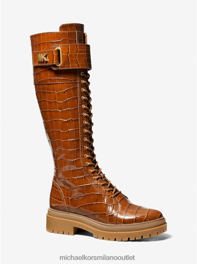 Michael Kors stivale da combattimento in pelle goffrata coccodrillo donne Castagna P06L0L2145 scarpe