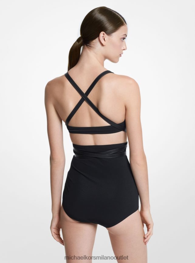 Michael Kors set bikini slip e reggiseno in crêpe con finiture in pelle della collezione donne nero P06L0L3742 vestiario