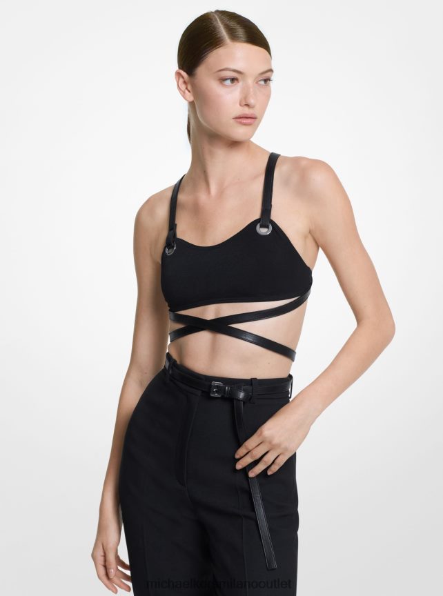 Michael Kors set bikini slip e reggiseno in crêpe con finiture in pelle della collezione donne nero P06L0L3742 vestiario