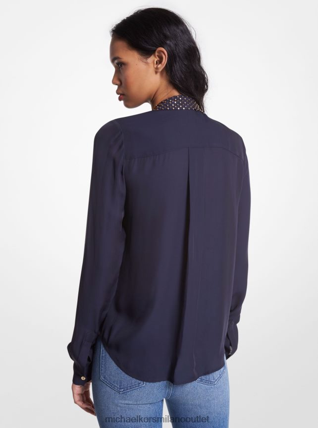 Michael Kors Blusa in georgette con borchie Astor e collo con allacciatura donne blu notte P06L0L370 vestiario