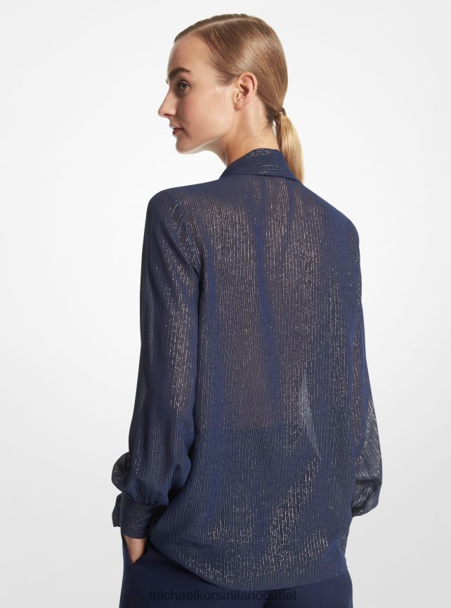 Michael Kors blusa di collezione con collo lamé a righe in misto seta lamè donne blu marino/oro P06L0L3556 vestiario