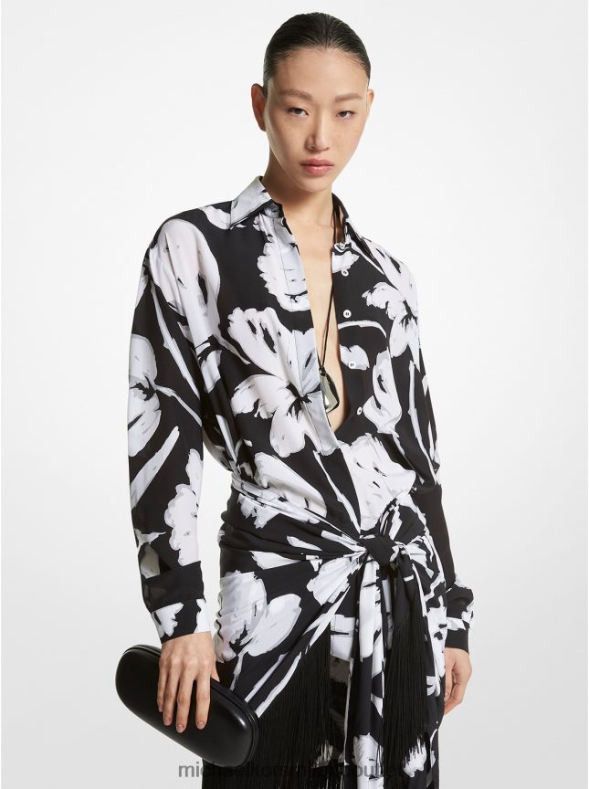 Michael Kors camicia da ragazzo in crêpe de chine di seta floreale con pennellate della collezione donne bianco nero P06L0L3414 vestiario