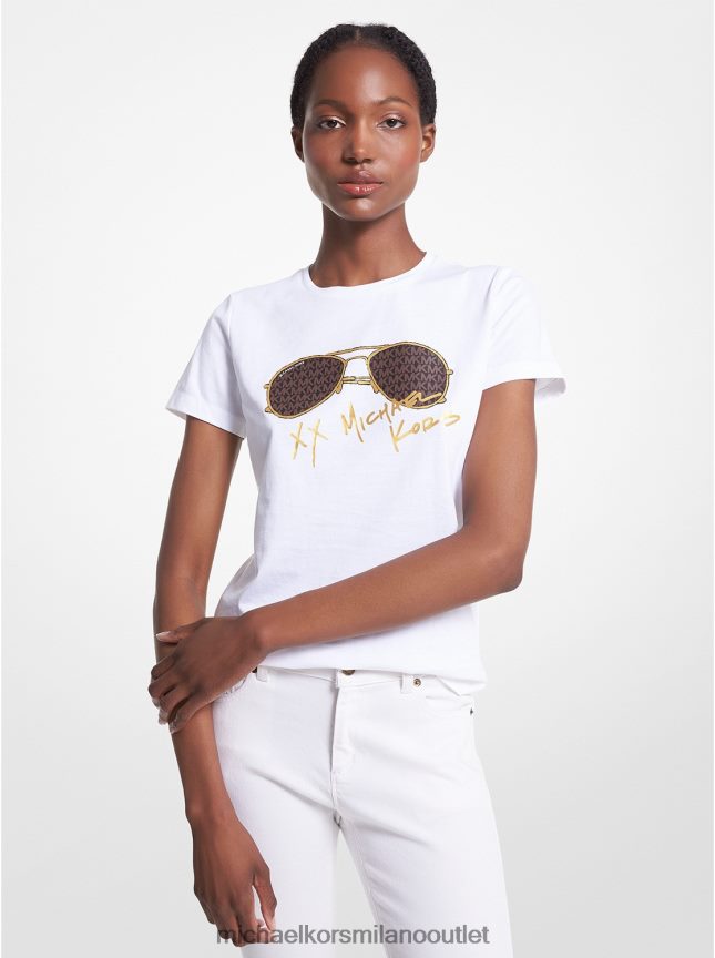 Michael Kors T-shirt in cotone organico con stampa logo aviatore donne bianco P06L0L388 vestiario