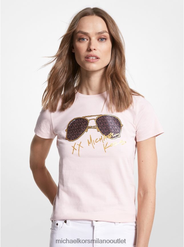 Michael Kors T-shirt in cotone organico con stampa logo aviatore donne fard in polvere P06L0L385 vestiario