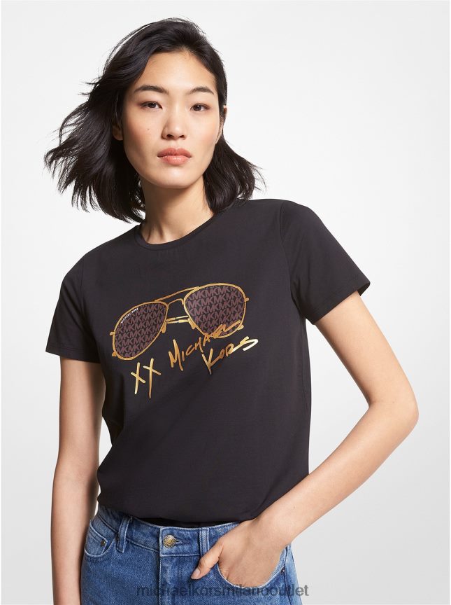 Michael Kors T-shirt in cotone organico con stampa logo aviatore donne nero P06L0L391 vestiario