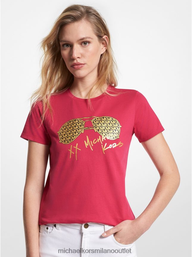 Michael Kors T-shirt in cotone organico con stampa logo metallico aviatore donne rosa carminio P06L0L407 vestiario