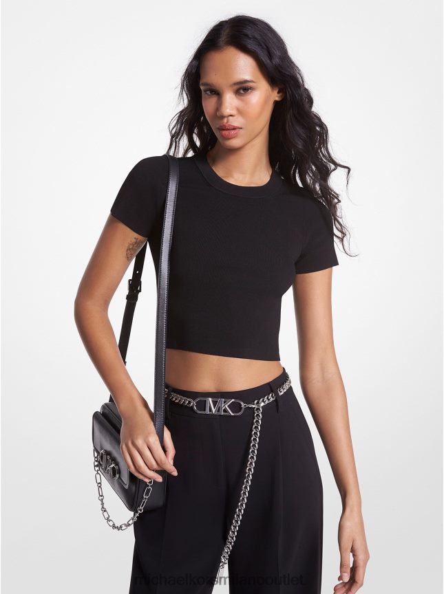 Michael Kors t-shirt cropped in viscosa stretch a costine donne nero P06L0L482 vestiario
