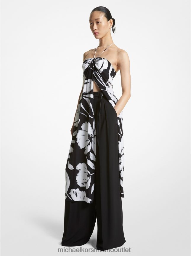 Michael Kors tunica sarong in crêpe de chine di seta floreale pennellata della collezione donne bianco nero P06L0L3413 vestiario