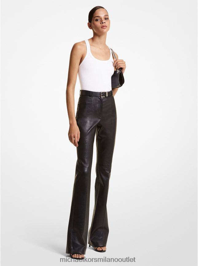 Michael Kors collezione Yasmeen pantaloni in pelle plonge con cintura e polsini spezzati donne nero P06L0L3609 vestiario