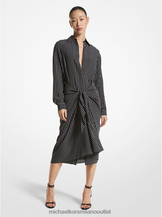 Michael Kors Abito chemisier pareo in crêpe de chine di seta biologica a righe della collezione donne nero bianco P06L0L3421 vestiario