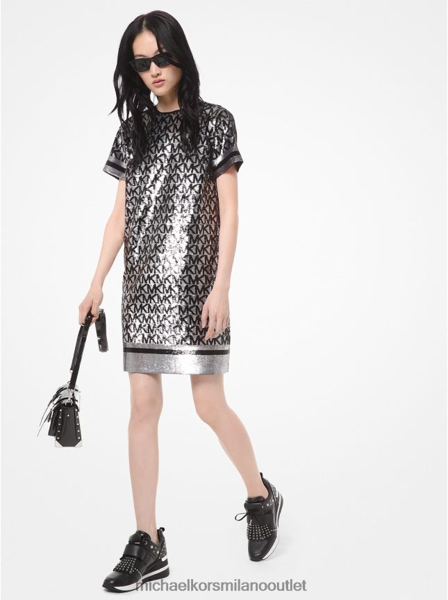 Michael Kors Abito t-shirt in georgette con logo in paillettes donne canna di fucile/nero P06L0L190 vestiario