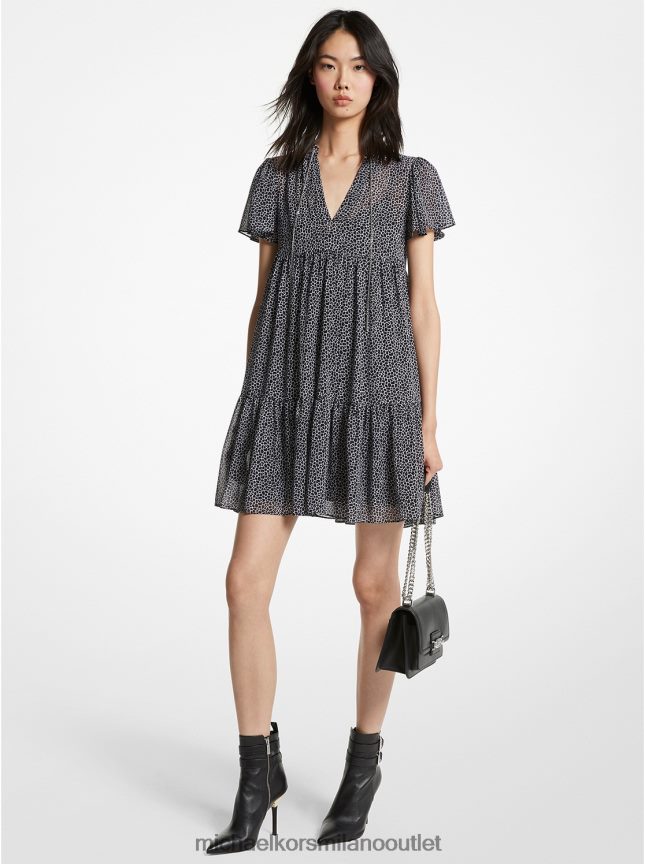 Michael Kors abito a balze in georgette stampa animalier donne nero bianco P06L0L86 vestiario