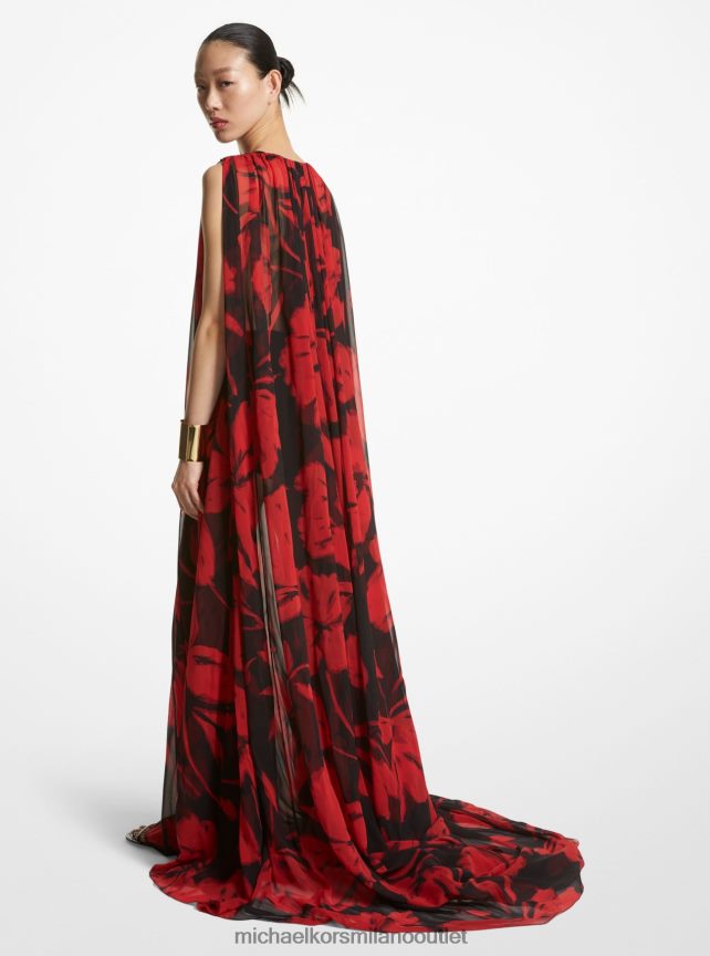 Michael Kors abito caftano con scollo a V in chiffon di seta floreale con pennellate della collezione donne papavero/nero P06L0L3513 vestiario