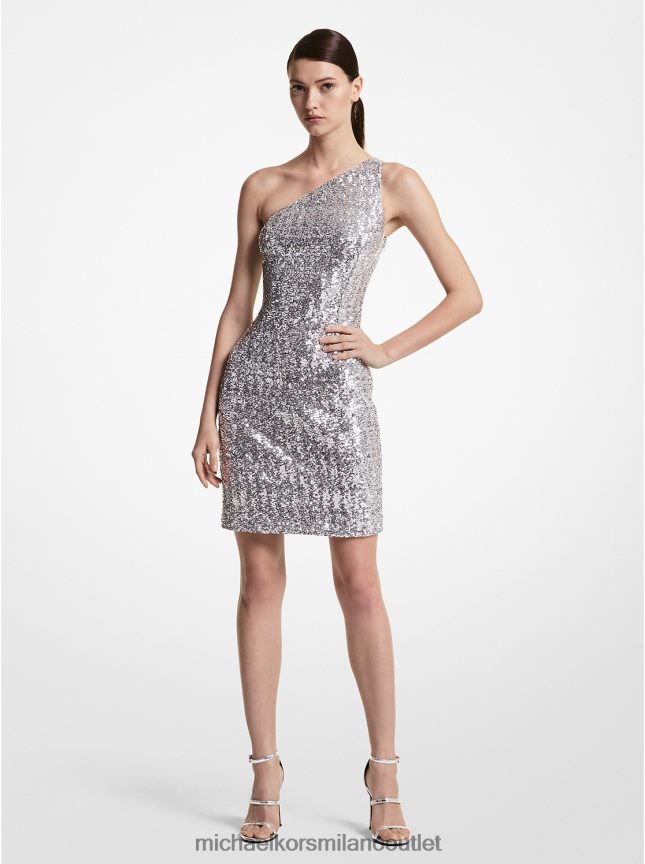 Michael Kors abito monospalla di collezione in tulle stretch ricamato paillette donne argento P06L0L3611 vestiario