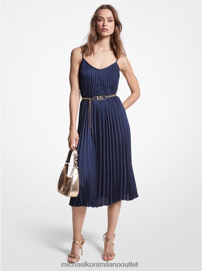 Michael Kors abito sottoveste in raso plissettato con cintura donne blu notte P06L0L80 vestiario