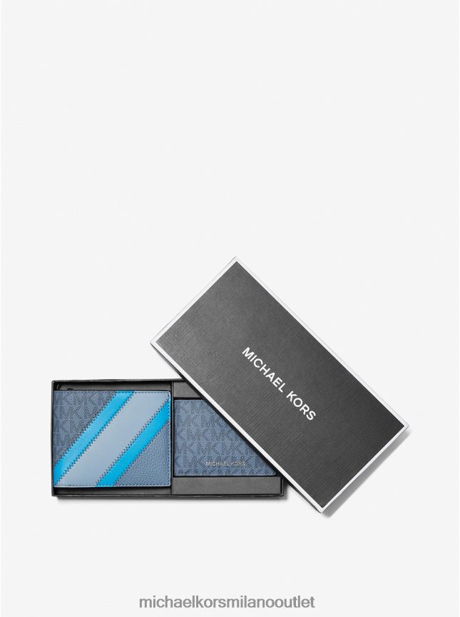 Michael Kors portafoglio a righe con logo ed ecopelle con set regalo passcase uomini denim P06L0L3350 Accessori