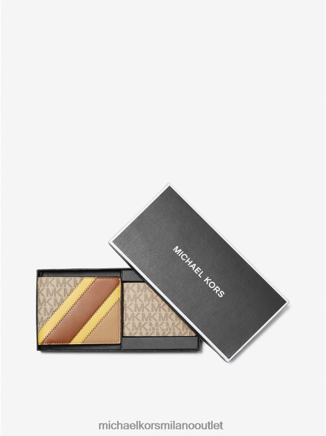 Michael Kors portafoglio a righe con logo ed ecopelle con set regalo passcase uomini giallo P06L0L3348 Accessori