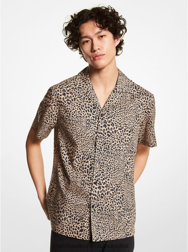 Michael Kors camicia slim fit in cotone stretch con stampa grafica animalier uomini cachi P06L0L3129 vestiario
